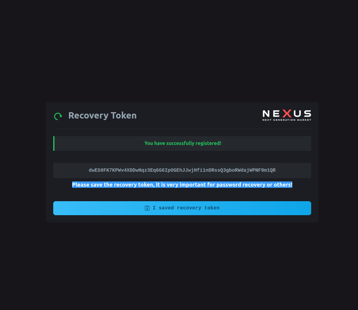 NEXUS Market Recovery Token for Secure Account Backup